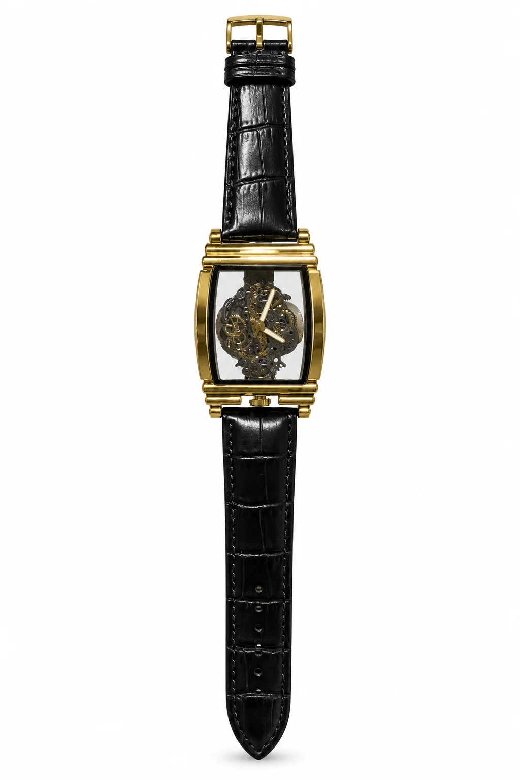 Luxury Gold Skeleton Watch on Black Leather Strap New Skeleton Strap Watch - Image 1